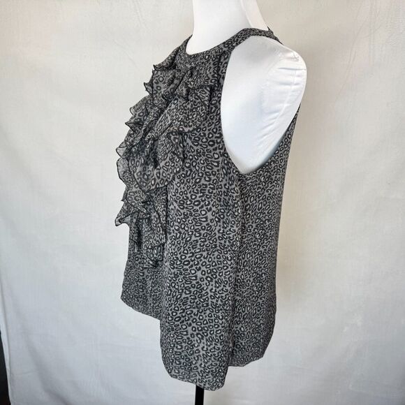 ECI Top Sz 10 Gray Black Halter Ruffle Front Sleeveless Open Back Animal Print - Picture 3 of 9